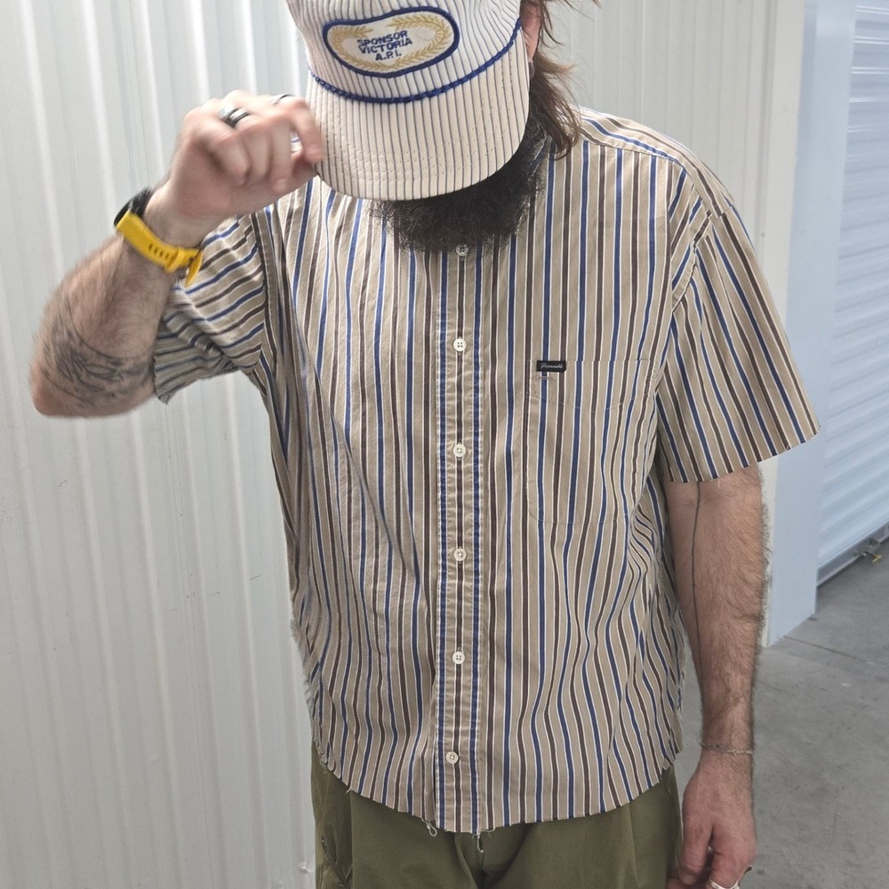 Faconnable Cropped Chopped Striped Shirt Button Down Men L Tan Blue Short Sleeve